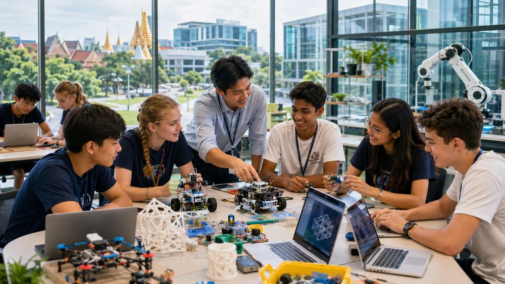 STEM and tech camp — students building robots in a Bangkok lab