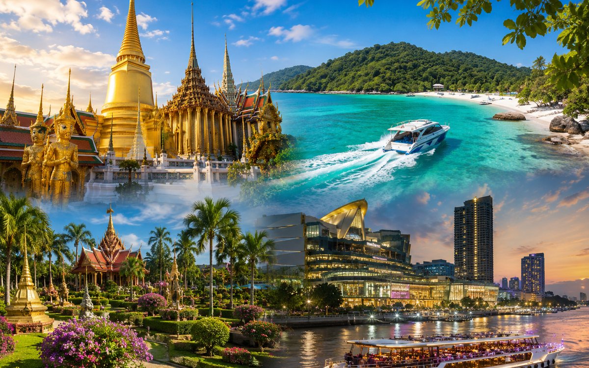 Bangkok–Pattaya leisure group tour by AIT: Grand Palace, Coral Island speedboat and Chao Phraya cruise