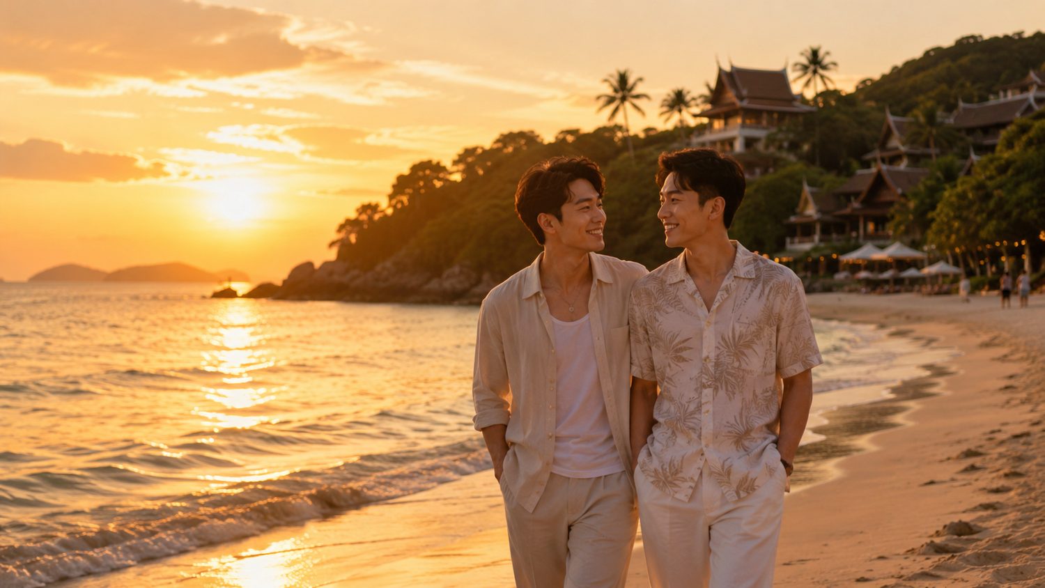 Same-sex couple walking a Thai beach at sunset