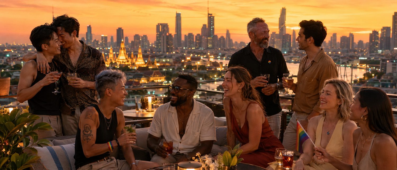 LGBTQ+ friends enjoying a rooftop bar at sunset over the Bangkok skyline