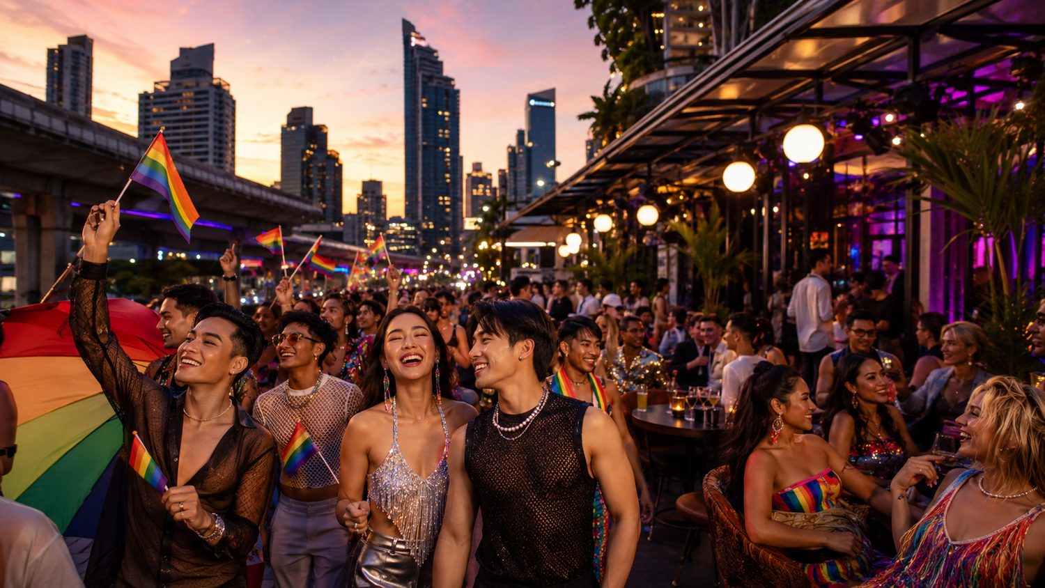 Bangkok Pride celebration with rainbow flags at a riverside venue