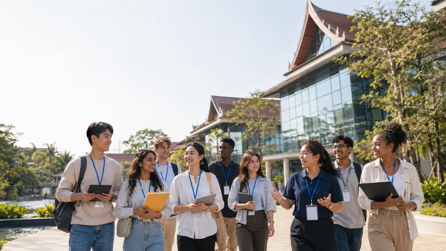 International students touring a modern Thai university campus with an AIT coordinator